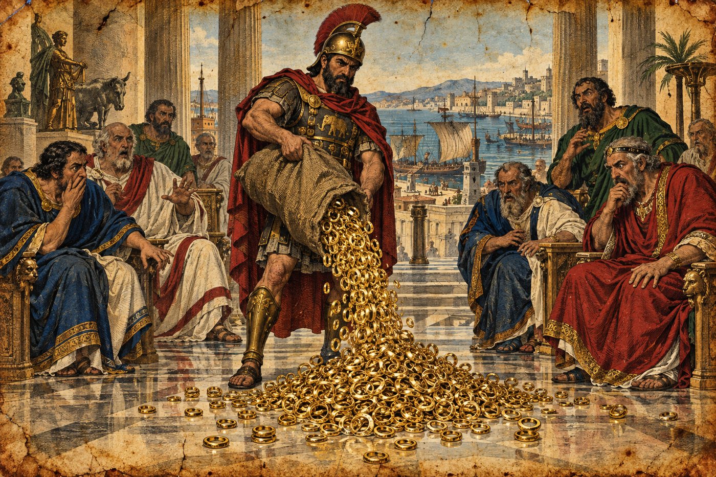 Illustration from the book: Mago pours out the gold rings taken at Cannae